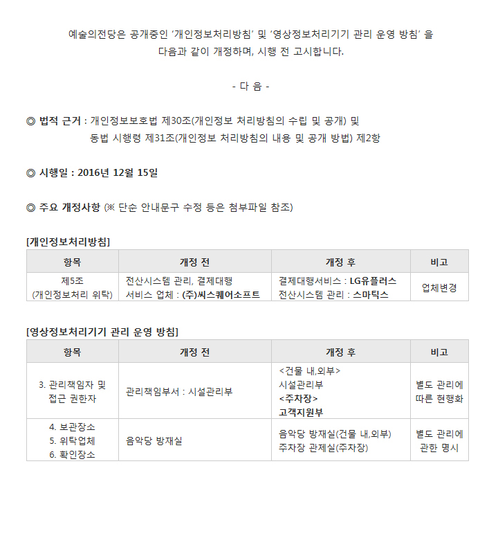 예술의전당 &ldquo;개인정보처리방침&rdquo; 및 &ldquo;영상정보처리기기 운영 관리 방침&rdquo; 개정 시행 공고