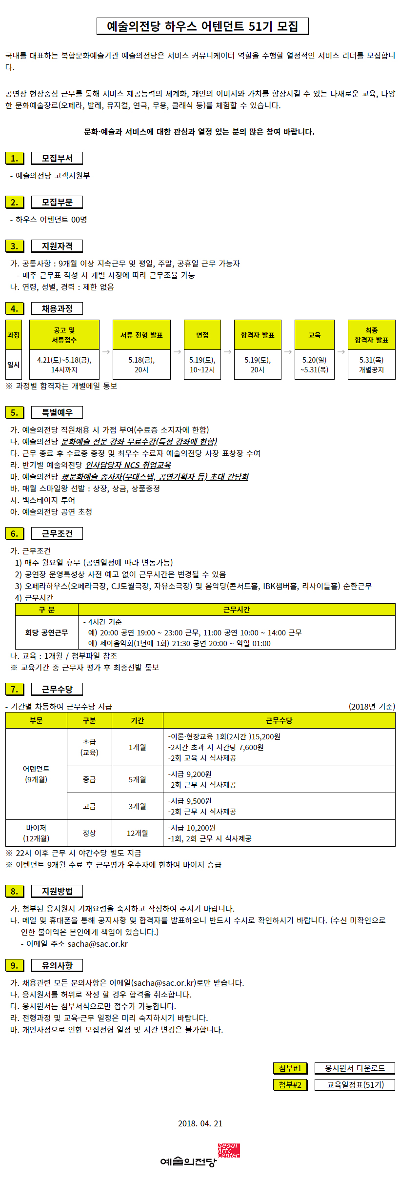 예술의전당 하우스 어텐던트 51기 모집