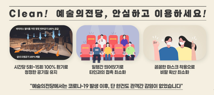 Clean! 예술의전당, 안심하고 이용하세요 : 시간당 5회~15회 100% 환기로 청정한 공기질 유지, 일행간 띄어앉기로 타인과의 접촉 최소화, 꼼꼼한 마스크 착용으로 비말 확산 최소화 - 예술의전당에서는 코로나-19 발생 이후, 단 한건도 관객간 감염이 없었습니다