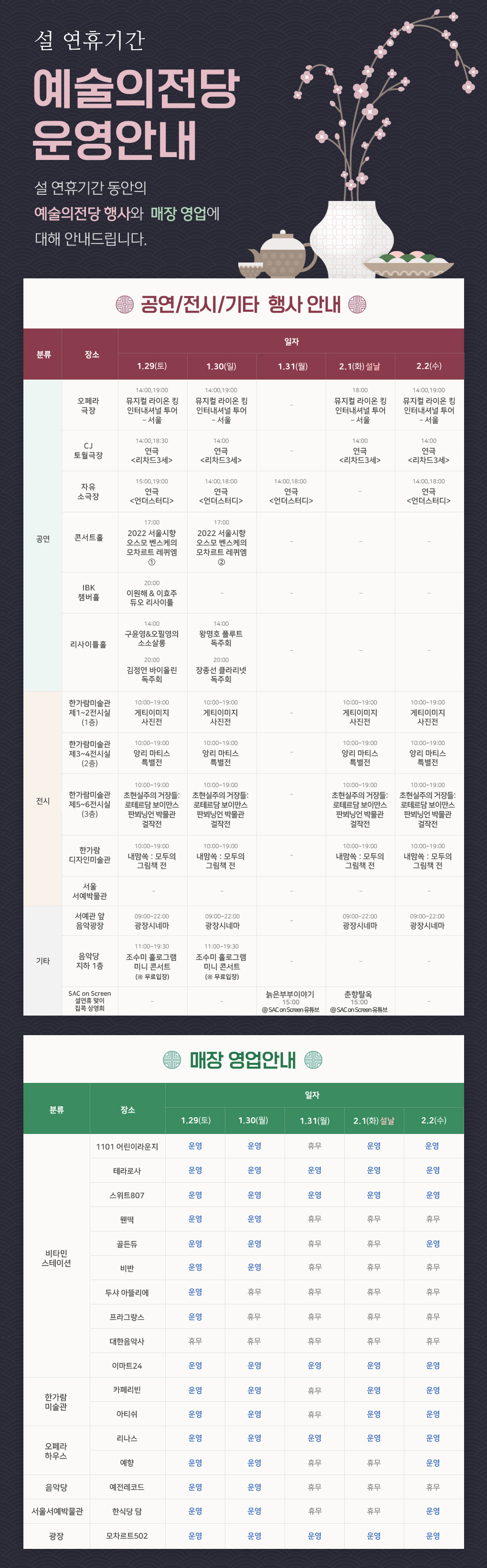 설 연휴기간 예술의전당 운영안내