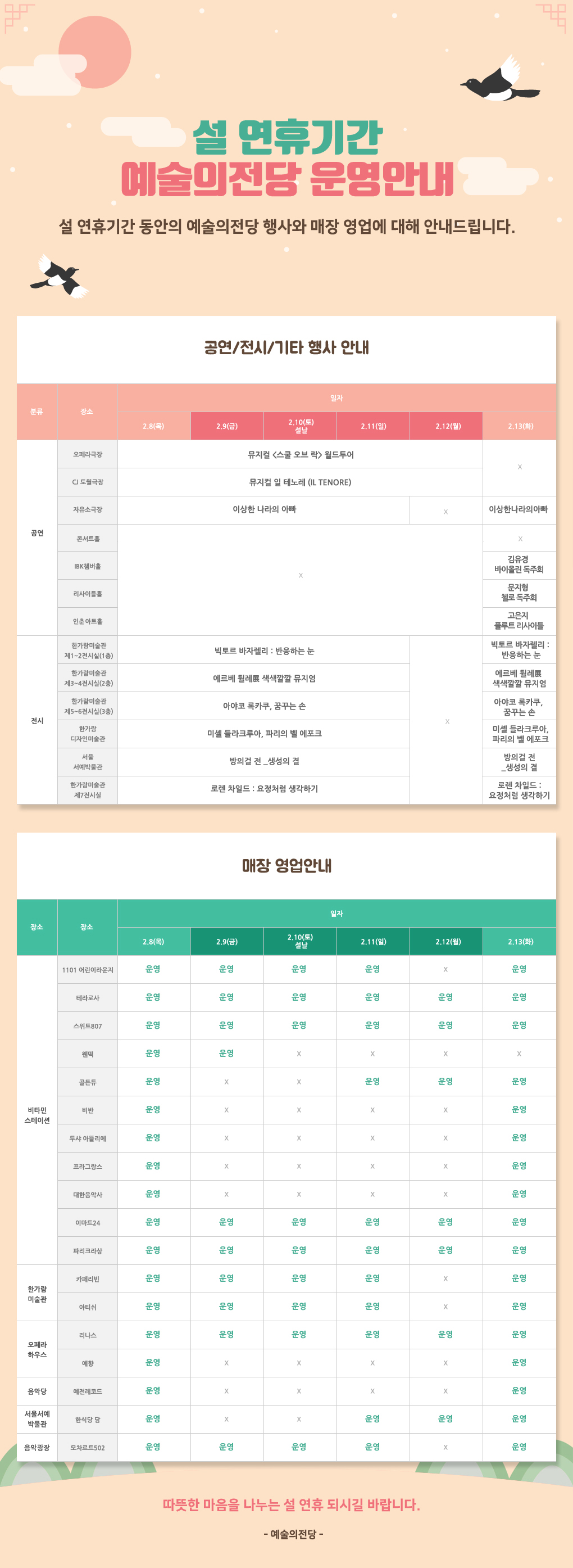 설 연휴기간 예술의전당 운영안내