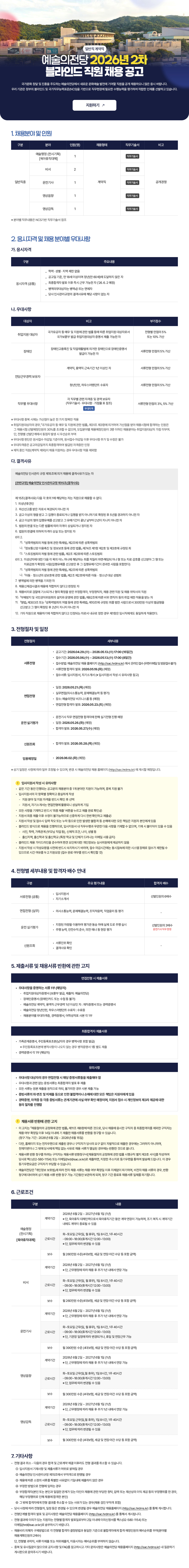 2026년도 2차 예술의전당 [일반직 계약직] 블라인드 채용 공고 (~2026.5.13. 17:00)