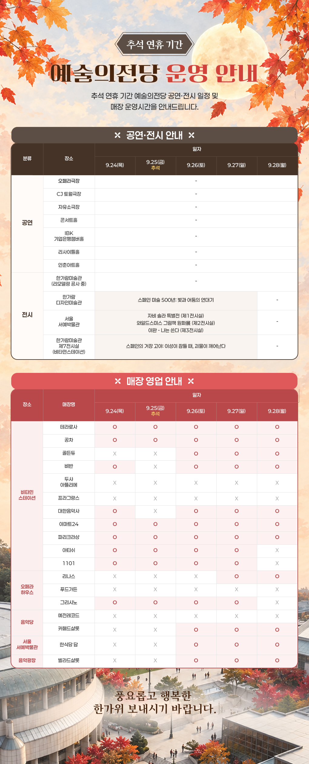 추석 연휴기간 예술의전당 운영 안내