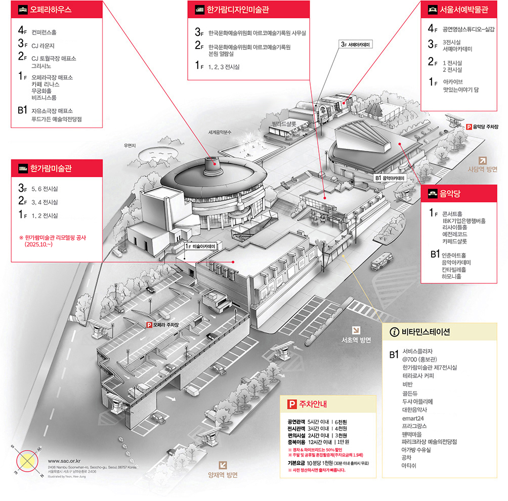 오페라하우스:B1 자유소극장 매표소, 푸드가든 예술의전당점 -1F 오페라극장 매표소,카페LINAS, 무궁화홀, 비즈니스룸-2F CJ 토월극장 매표소-3F CJ 라운지-4F 컨퍼런스홀 | 한가람디자인미술관:1F 1,2,3 전시실-2F 한국문화예술위원회 아르코예술기록원 본원 열람실 어린이아카데미-3F 한국문화예술위원회 아르코예술기록원 사무실 | 서울서예박물관:1F 빌라드샬롯 맛있는이야기 담 아카이브-2F 1,2 전시실 -3F 3 전시실,서예아카데미-4F 공연영상스튜디오-실감 | 한가람미술관:1F 1,2전시실 -2F 3,4 전시실 -3F 5,6 전시실 ※ 한가람미술관 리모델링 공사 (2025.10.~) | 음악당:B1 인춘아트홀 음악아카데미 칸타빌레홀 하모니홀 -1F 콘서트홀, IBK기업은행챔버홀, 리사이틀홀, 예전레코드,카페드샬롯 | 비타민스테이션:B1 서비스플라자, @700(홍보관), 한가람미술관 제7전시실, 테라로사 커피, 비반, 골든듀, 두샤 아뜰리에, 대한음악사, emart24, 프라그랑스, 웬떡마을, 파리크라상 예술의전당점, 아가방 수유실, 공차,아티쉬 | P 주차안내:공연관객 5시간 이내 6천원-전시관객 3시간 이내 4천원-편의시설 2시간 이내 3천원-중복이용 12시간 이내 1만원-*경차&하이브리드는 50% 할인-*주말 및 공휴일 혼잡할증제(주차요금의 1.5배)-기본요금 10분당 1천원(30분 이내 출차시 무료)-*사전 정산하시면 출차가 빠릅니다.