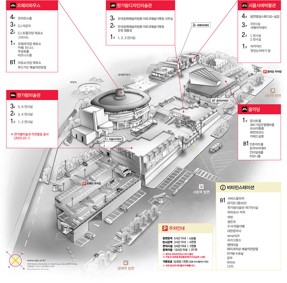 오페라하우스:B1 자유소극장 매표소, 푸드가든 예술의전당점 -1F 오페라극장 매표소,카페LINAS, 무궁화홀, 비즈니스룸-2F CJ 토월극장 매표소-3F CJ 라운지-4F 컨퍼런스홀 | 한가람디자인미술관:1F 1,2,3 전시실-2F 한국문화예술위원회 아르코예술기록원 본원 열람실 어린이아카데미-3F 한국문화예술위원회 아르코예술기록원 사무실 | 서울서예박물관:1F 빌라드샬롯 맛있는이야기 담 아카이브-2F 1,2 전시실 -3F 3 전시실,서예아카데미-4F 공연영상스튜디오-실감 | 한가람미술관:1F 1,2전시실 -2F 3,4 전시실 -3F 5,6 전시실 ※ 한가람미술관 리모델링 공사 (2025.10.~) | 음악당:B1 인춘아트홀 음악아카데미 칸타빌레홀 하모니홀 -1F 콘서트홀, IBK기업은행챔버홀, 리사이틀홀, 예전레코드,카페드샬롯 | 비타민스테이션:B1 서비스플라자, @700(홍보관), 한가람미술관 제7전시실, 테라로사 커피, 비반, 골든듀, 두샤 아뜰리에, 대한음악사, emart24, 프라그랑스, 웬떡마을, 파리크라상 예술의전당점, 아가방 수유실, 공차,아티쉬, 1101 | P 주차안내:공연관객 5시간 이내 6천원-전시관객 3시간 이내 4천원-편의시설 2시간 이내 3천원-중복이용 12시간 이내 1만원-*경차&하이브리드는 50% 할인-*주말 및 공휴일 혼잡할증제(주차요금의 1.5배)-기본요금 10분당 1천원(30분 이내 출차시 무료)-*사전 정산하시면 출차가 빠릅니다.