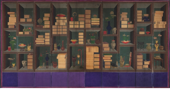 ▲ 책가도 종이에 채색 10폭 병풍 153(h)x352cm