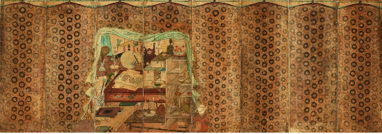 ▲ 호피장막도 종이에 채색 8폭 병풍 128(h)x355cm